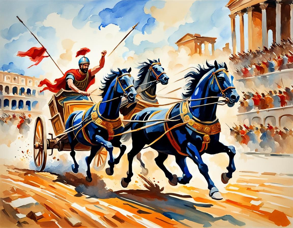 Chaotic Roman Chariot Race in Gouache and Watercolor