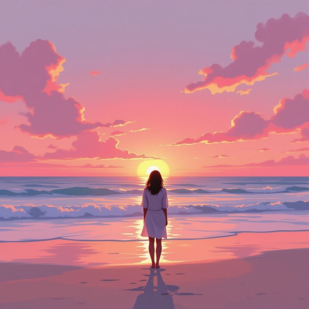 Woman Gazing at Pink Sunset Ocean View