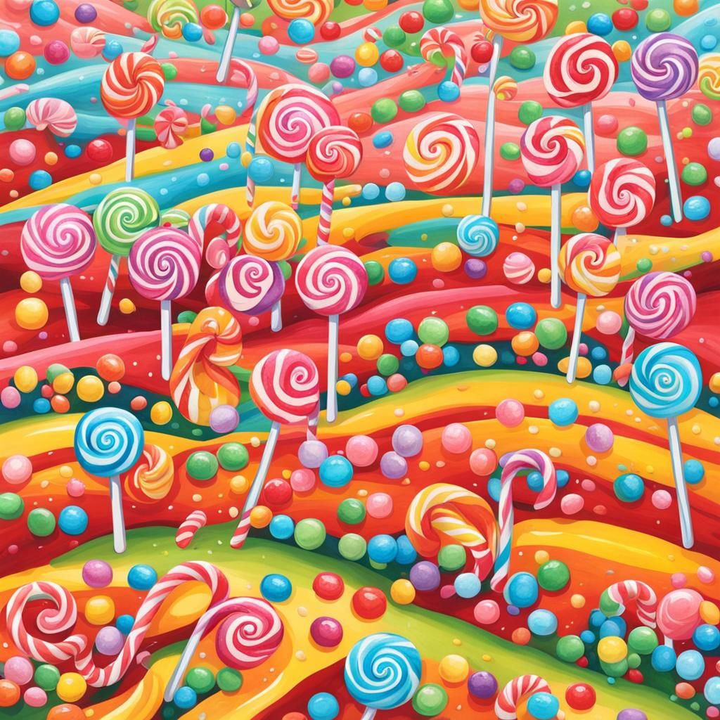 Vibrant Candyland with Lollipops in Gouache Style