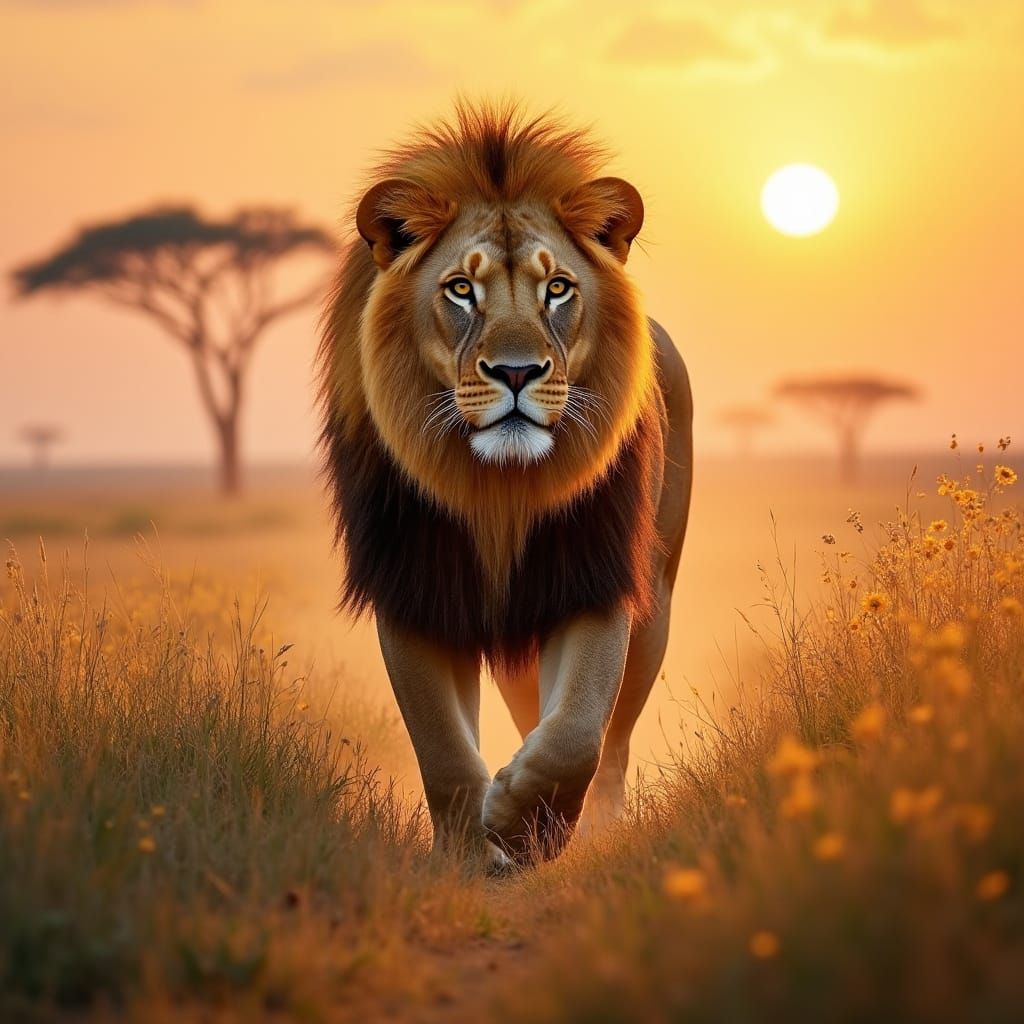 Majestic Lion Strides Across Savanna at Sunset