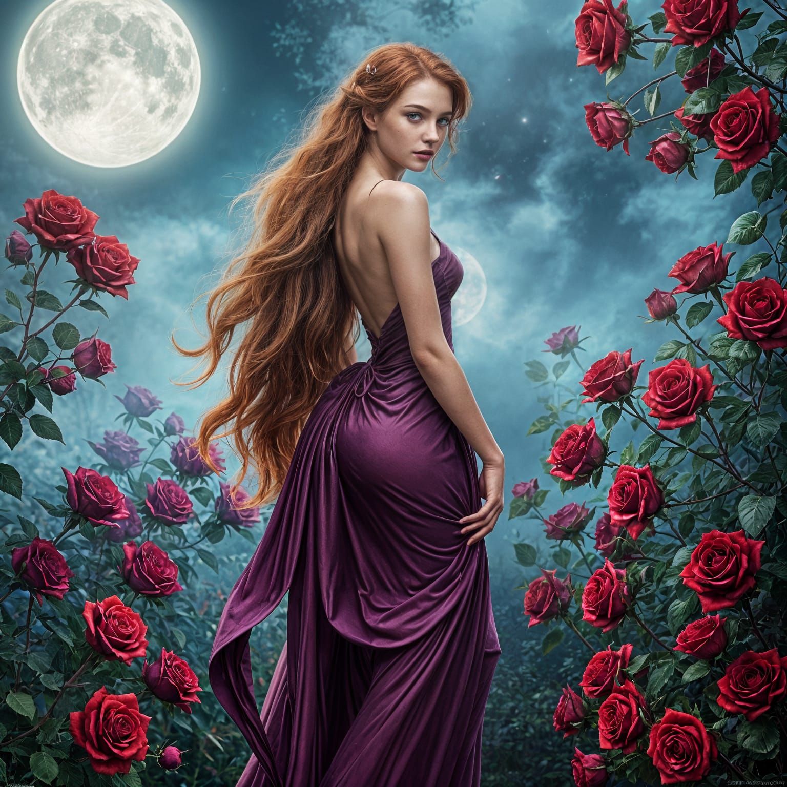 Goddess in Blood Rose Garden with Flowy Dress