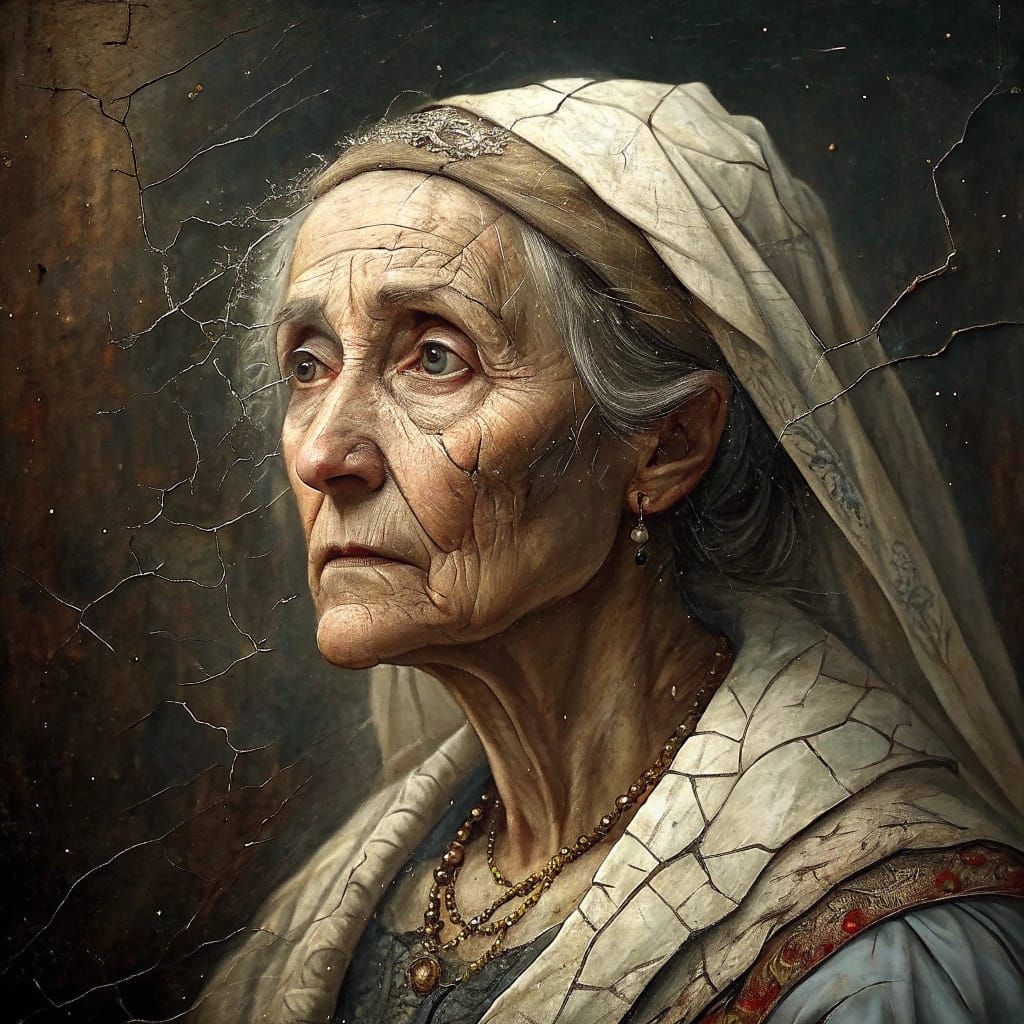 Cracked Oil Portrait of a Noble Woman in Renaissance Style