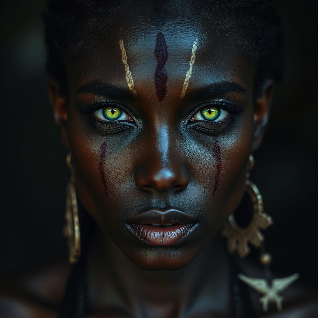 Mysterious Black Goddess with Glowing Green Eyes