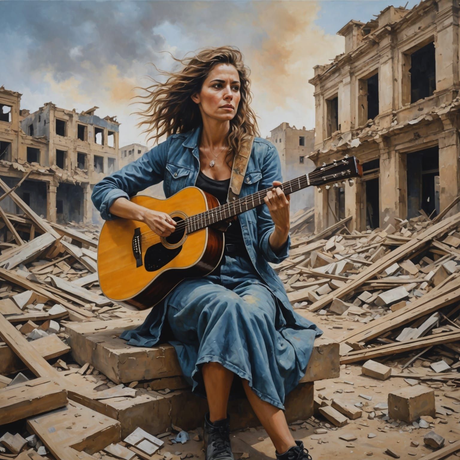 Woman Playing Guitar in War Zone: Hopeful Painting