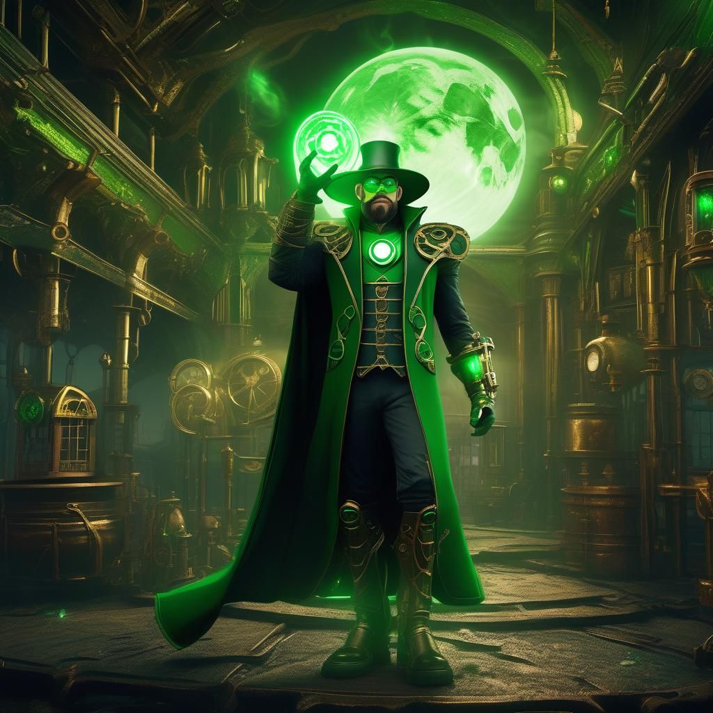 Steampunk Wizard Green Lantern in Detailed Matte Painting