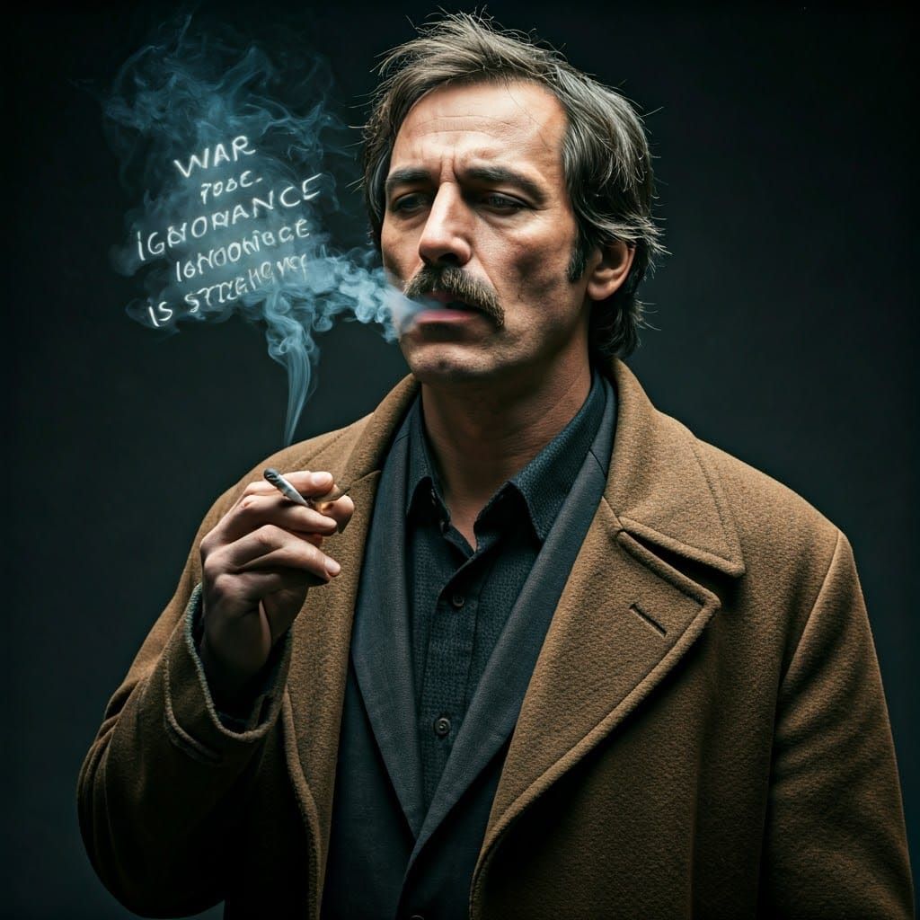 Contemplative Man Smoking Slogan in Smoke