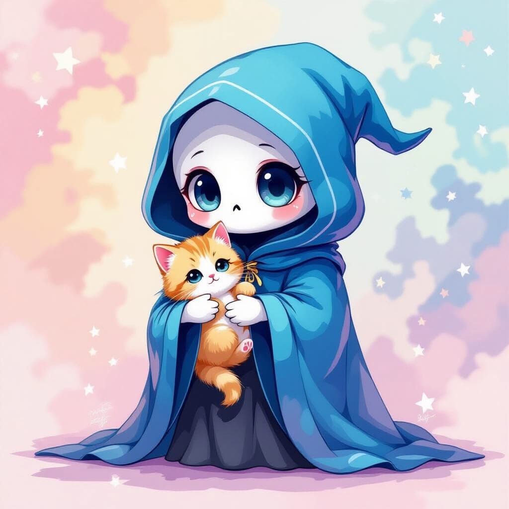 Adorable cartoon cute grim reaper holding a kitten art vibrant colorful whimsy hyper detailed perfect lighting style wat...
