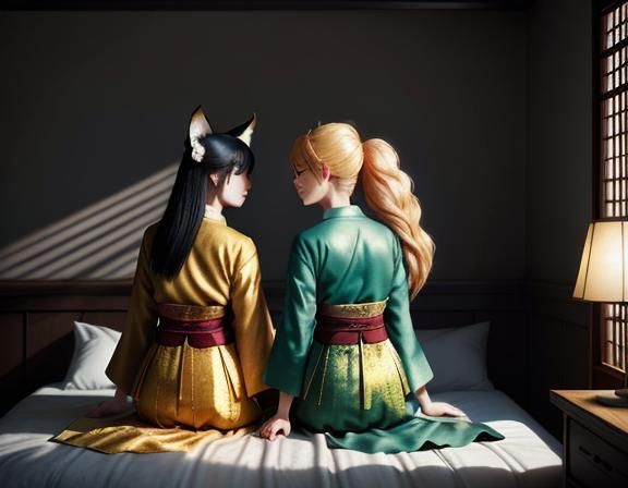 Two Female Kitsune Kissing in Manga Style