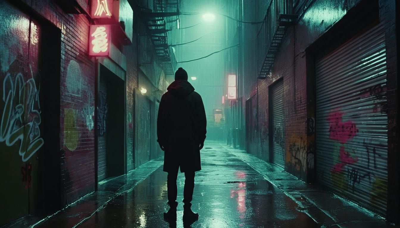 Cinematic Rebellion in a Rain-Soaked Alleyway, Cyberpunk Sty...