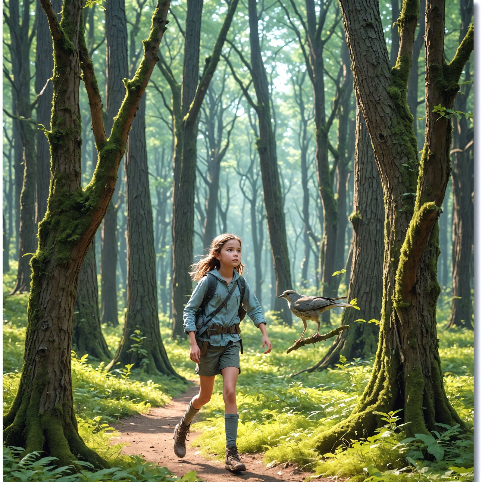 <lora:Fairy Tale Style:1.0> A young girl wandering in a big grove of trees, no adults for miles, lots of birds and anima...