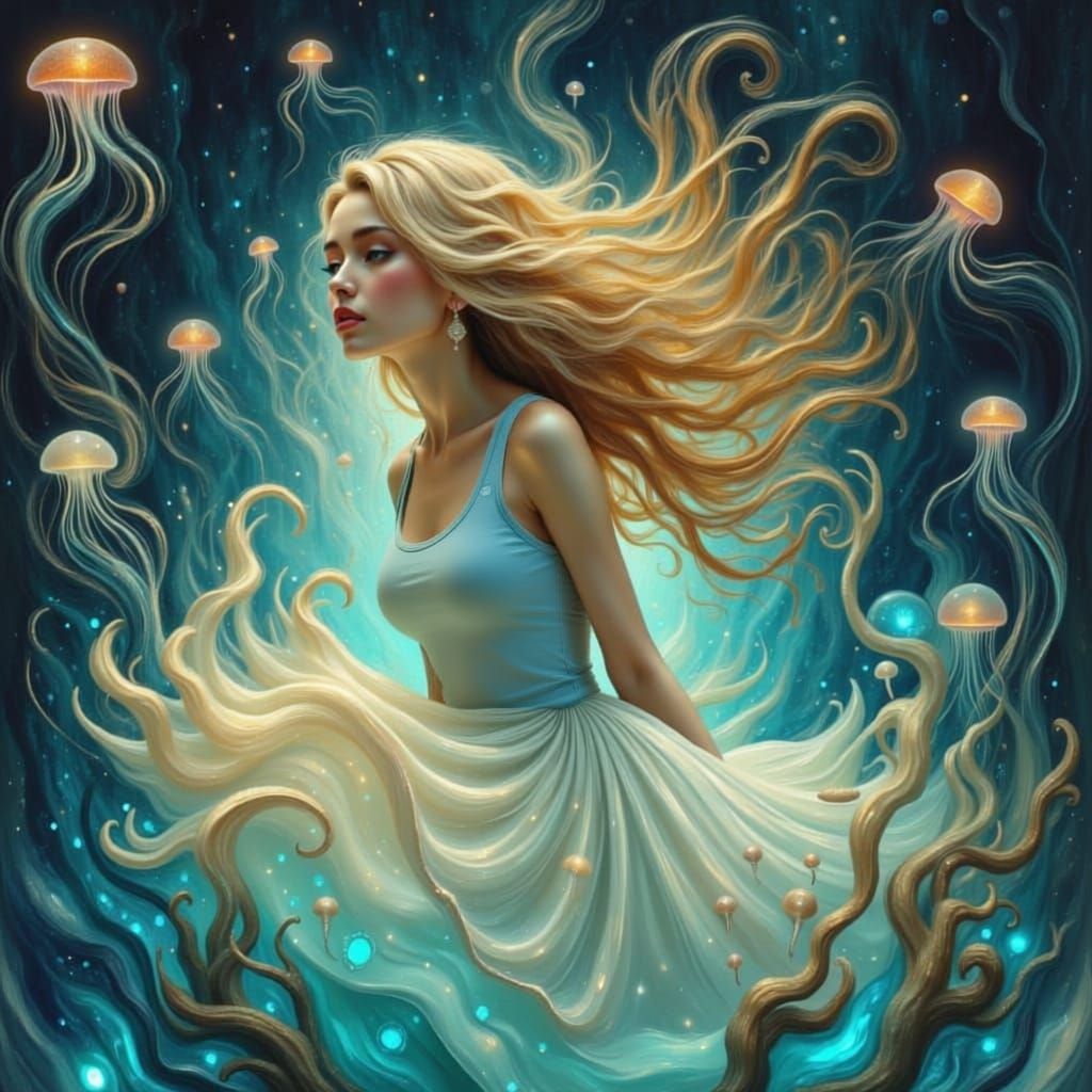 Ethereal Woman in Seashell Amidst Surreal Fantasy Landscape