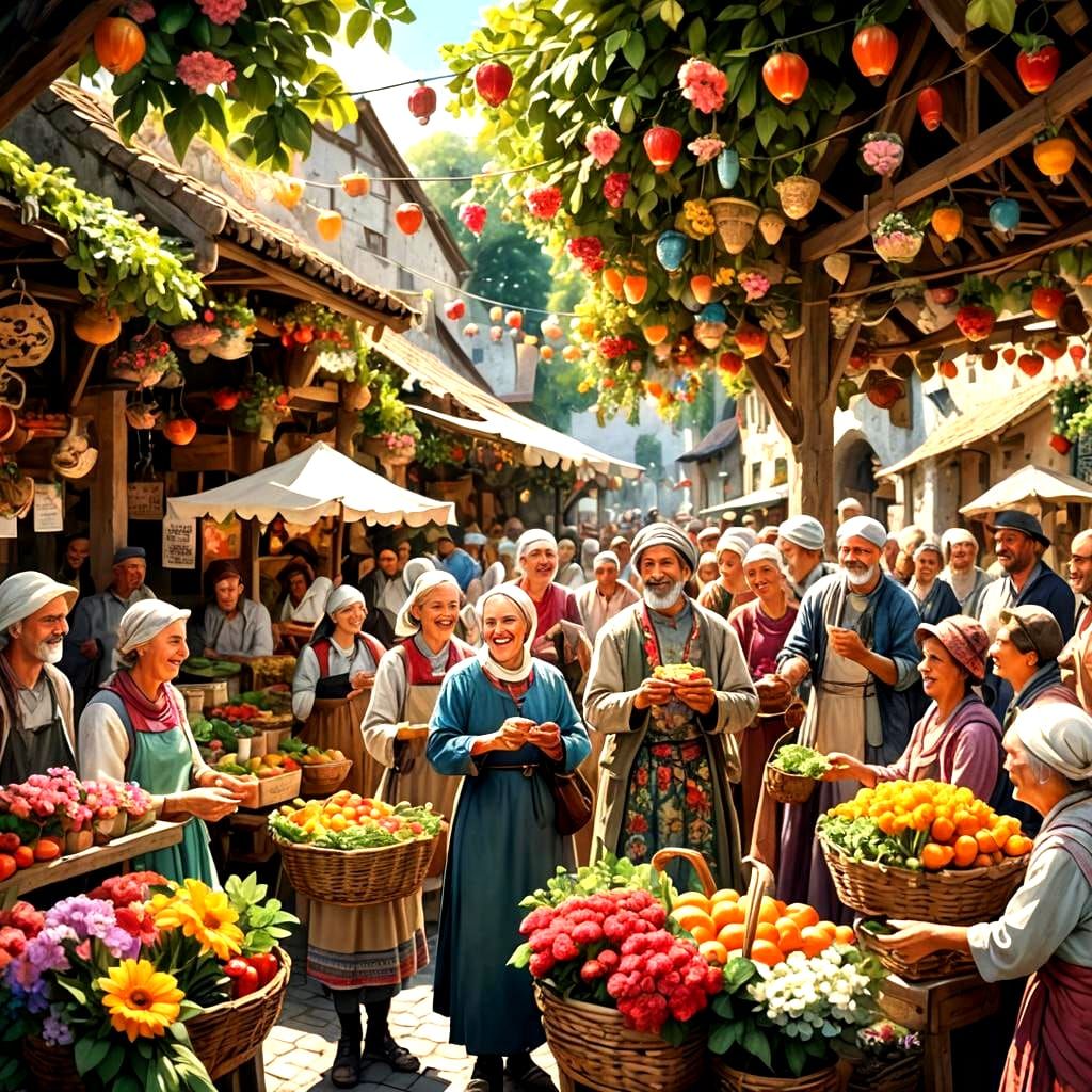 Lively Village Market Scene in Fantasy Concept Art