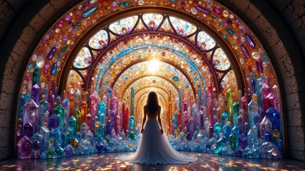 Woman in Sunlight by Stained Glass Window