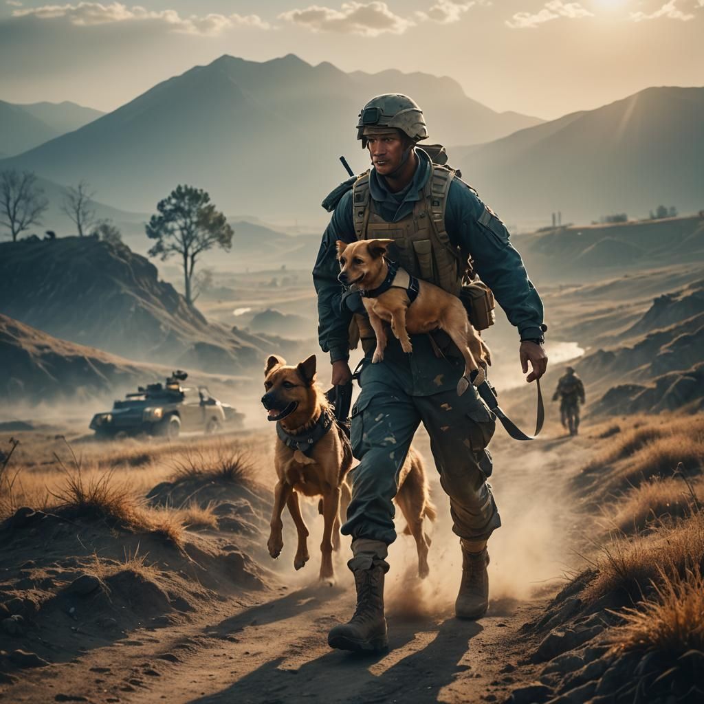 Soldier Rescues Dog: Cinematic Battlefield Scene