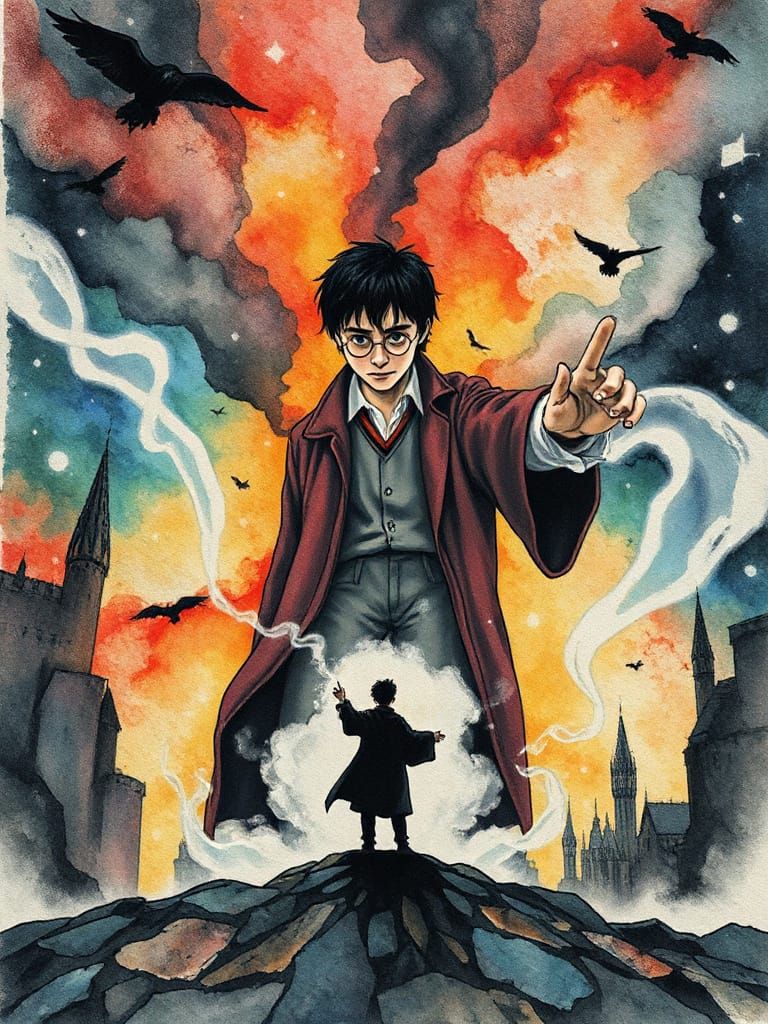 Harry Potter's Surreal Dystopian Spell, Ink Watercolor