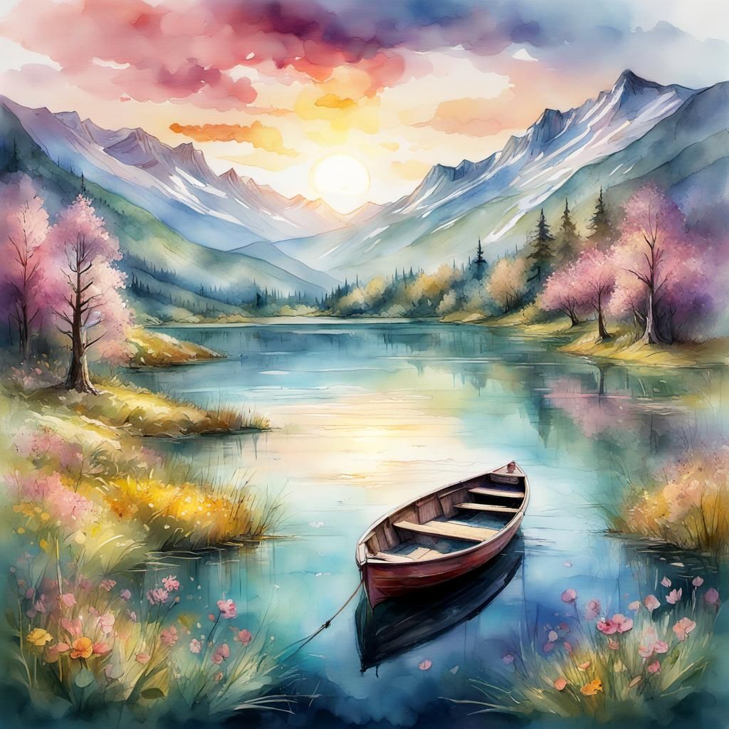 Romantic Lake at Sunrise: Digital Watercolor Illustration