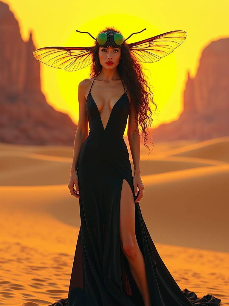 Sultry Fly-Headed Woman in Surreal Desert Landscape