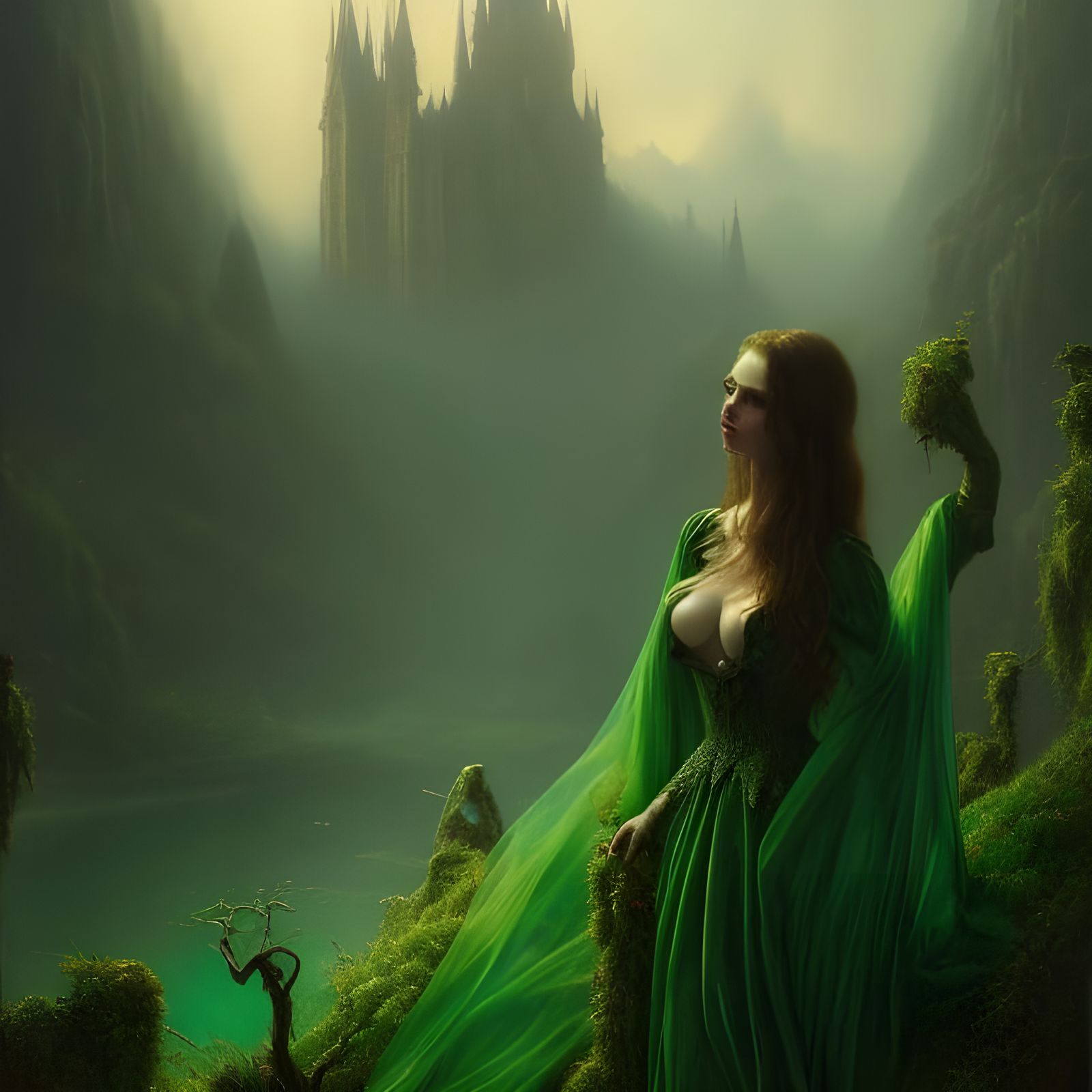 Emerald Gothic City with Woman, Photorealistic Art