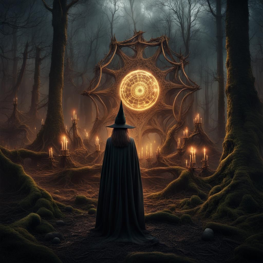 Witch in Dark Woods Overseeing Ritual Site