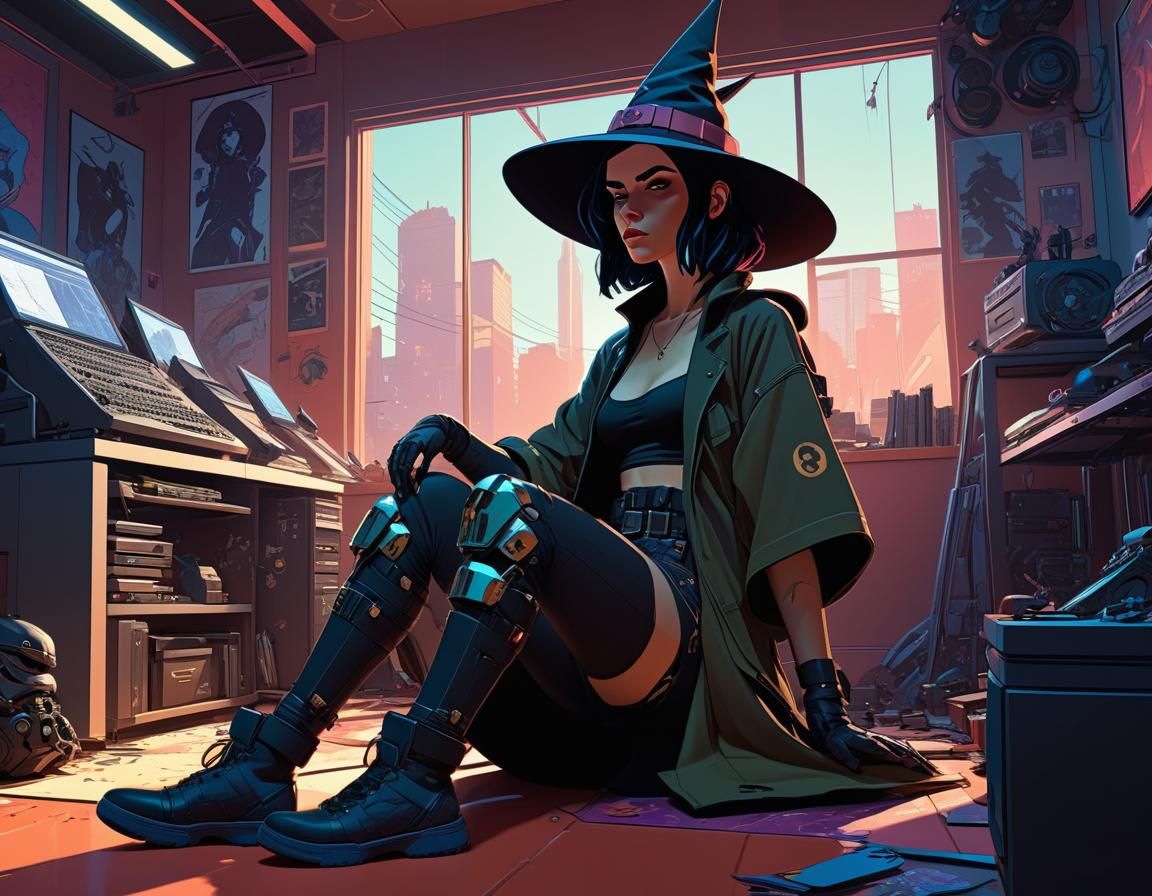 Punk Samurai Witch in Cyberpunk Lab: Digital Art