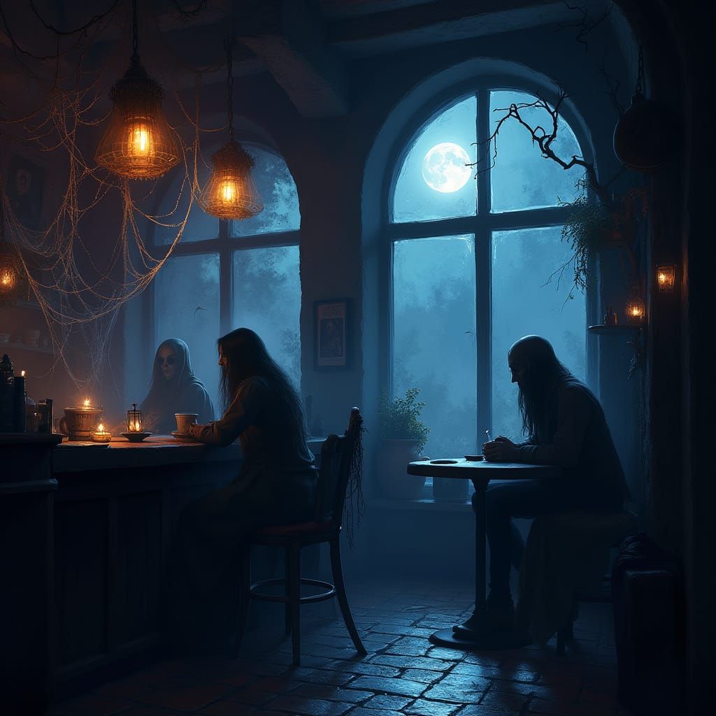 Spooky Moonlit Tavern with Spectral Baristas