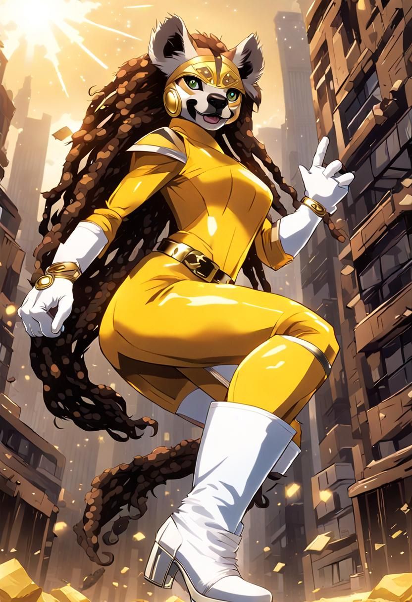 Colossal Anthro Hyena in Yellow Bodysuit
