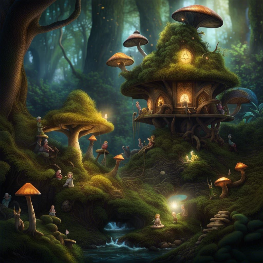 Enchanted Forest Scene with Mythical Creatures