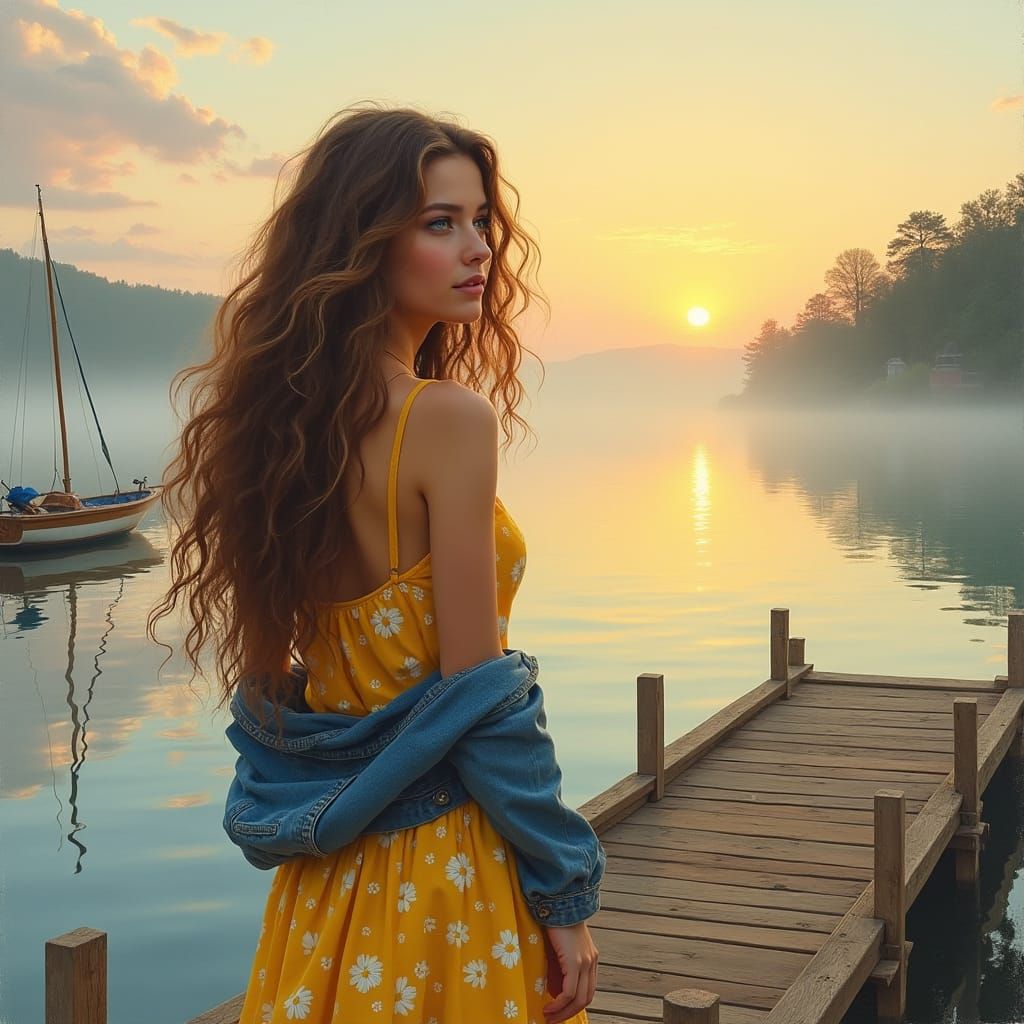 Woman on Pier at Sunset in Impressionist Style