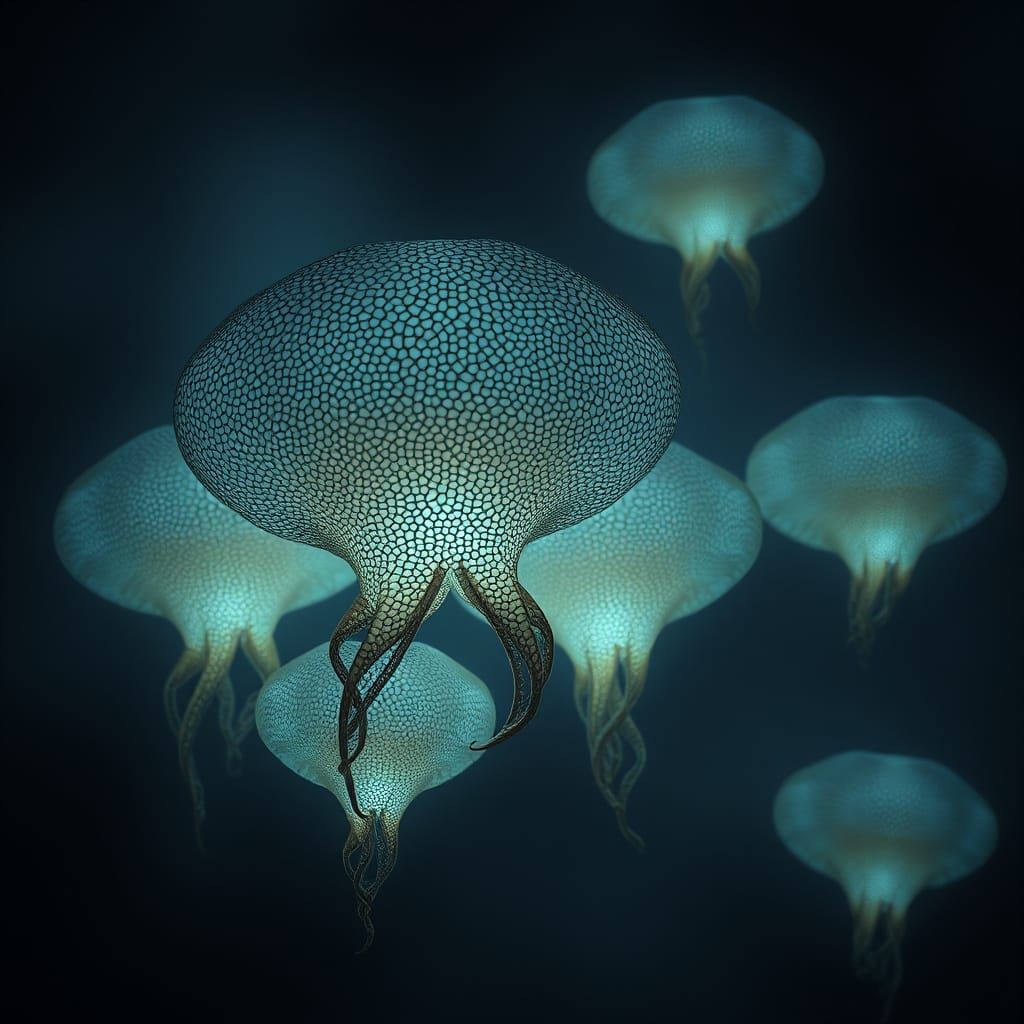 Ethereal Bioluminescent Mklopseks in Dreamlike Landscape