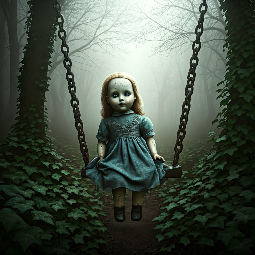 Decaying Porcelain Doll in Gothic Playground