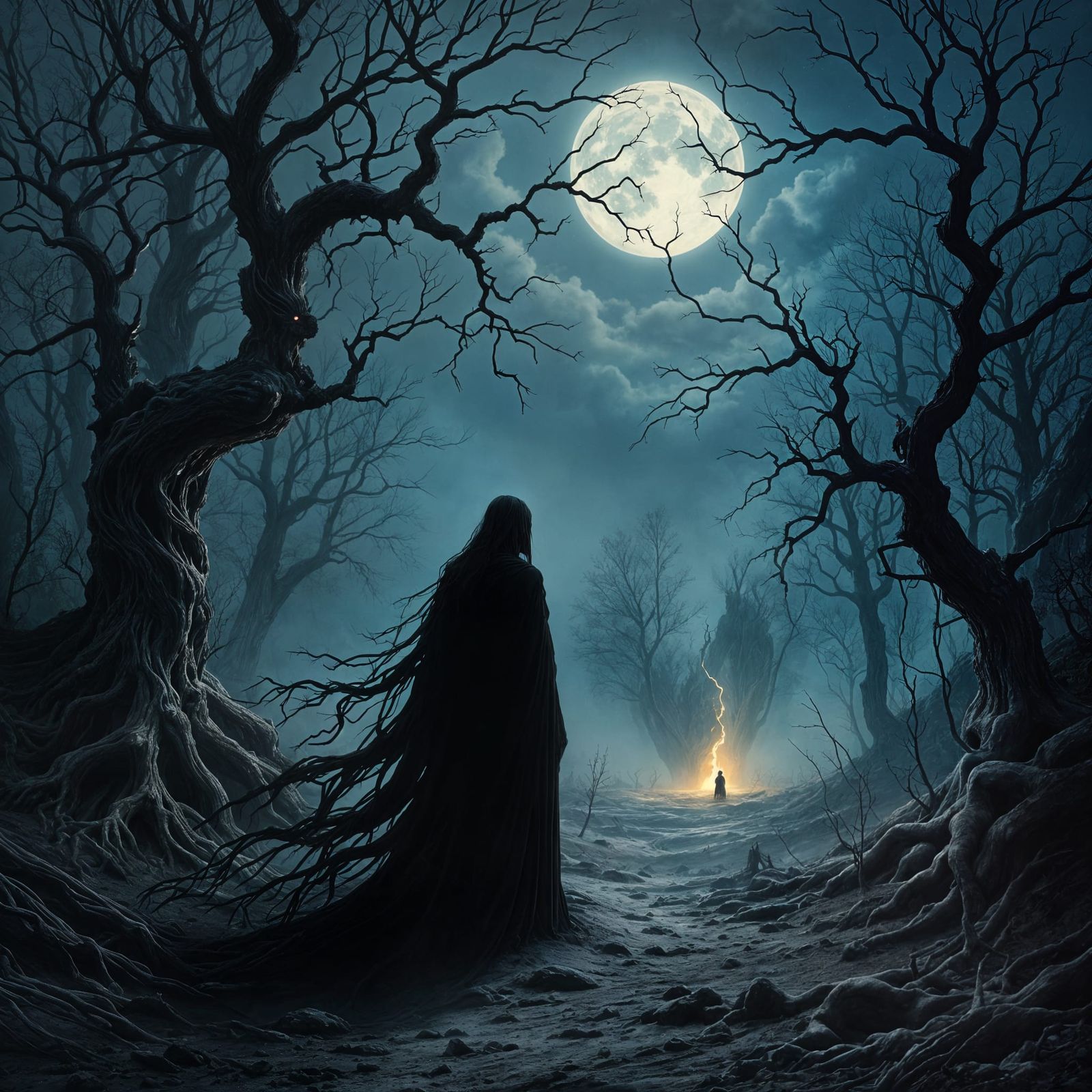 Shadow Figure in Moonlit Forest with Ethereal Glow