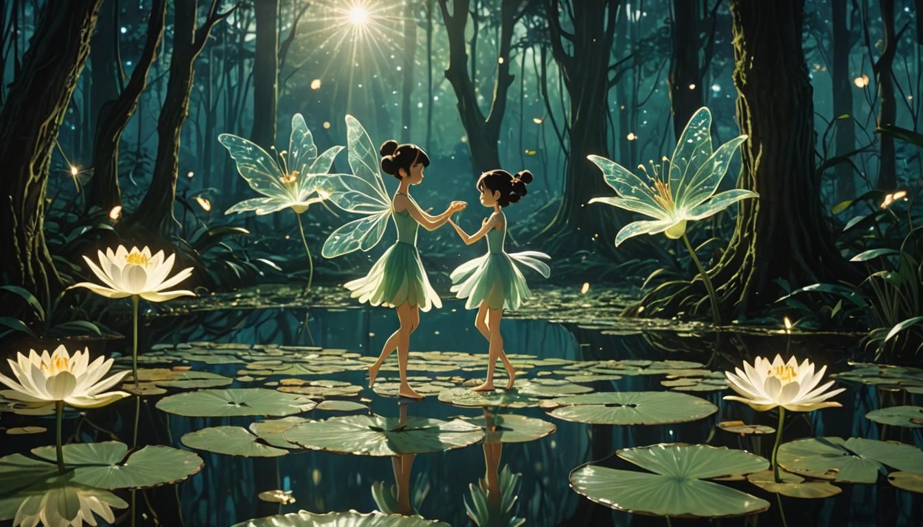 Glass Fairies Dancing in Enchanted Forest, Luminous Iridesce...