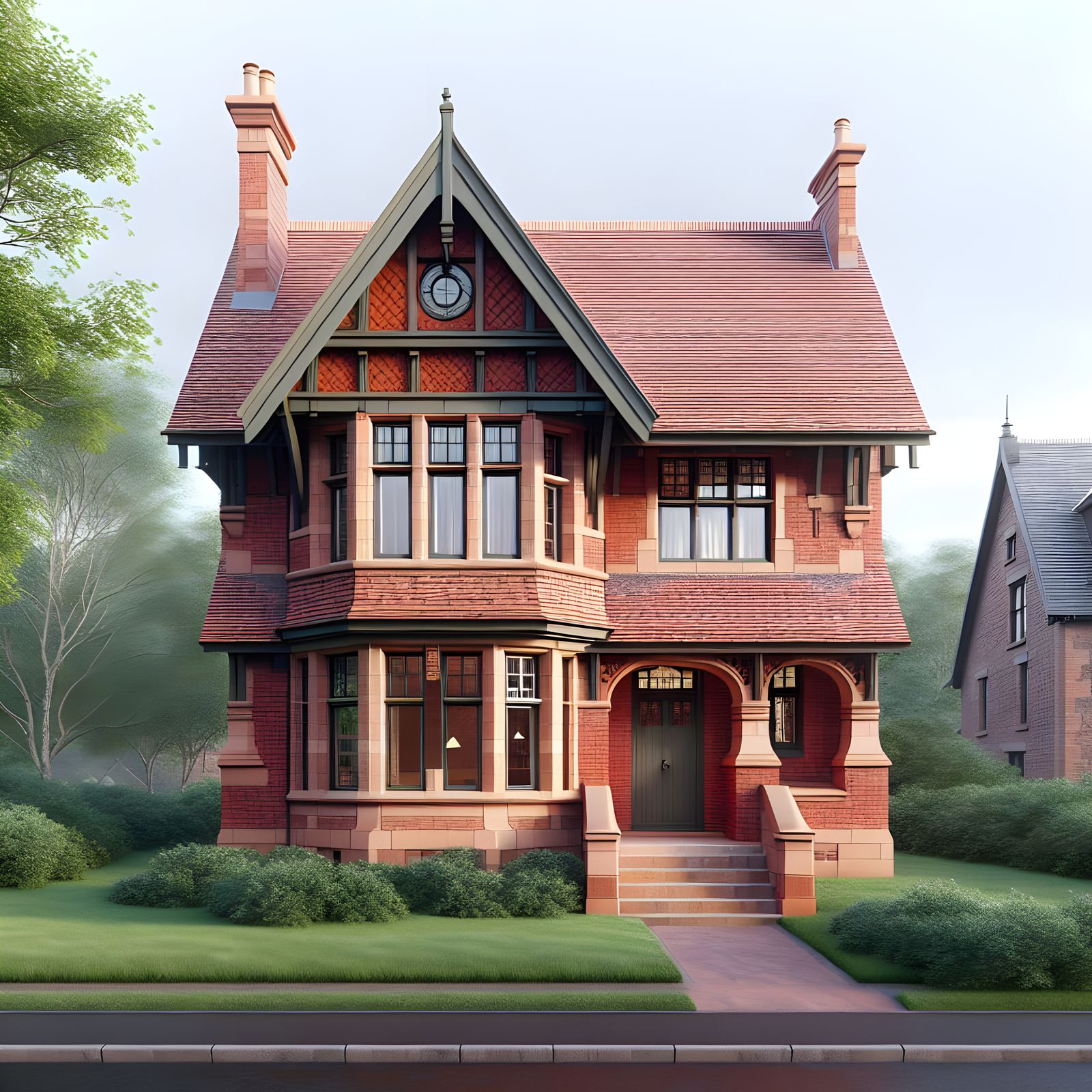 Arts and Crafts Red Scottish Brick House with Tudor Peak