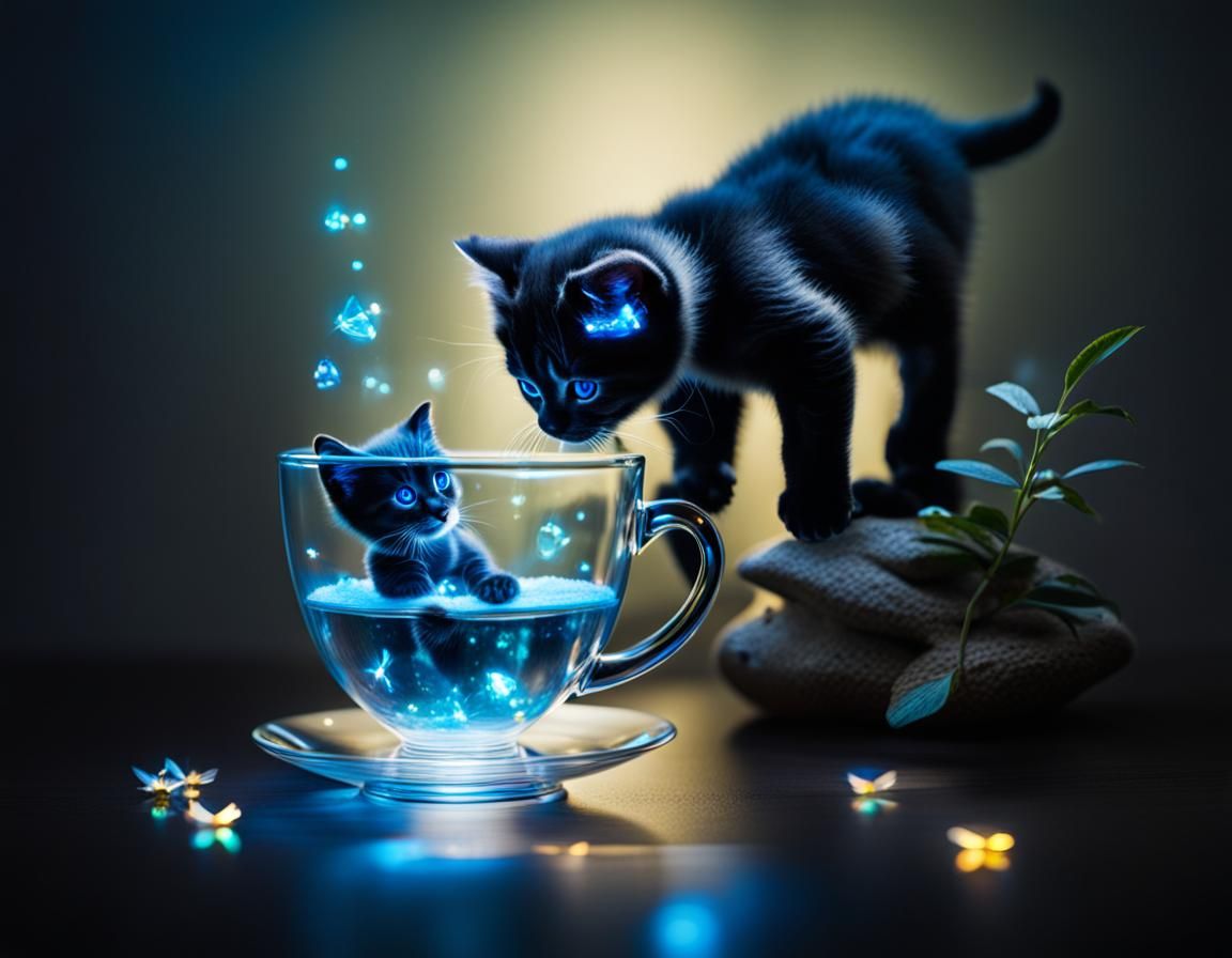 Kitten Playing in Hologram Teacup