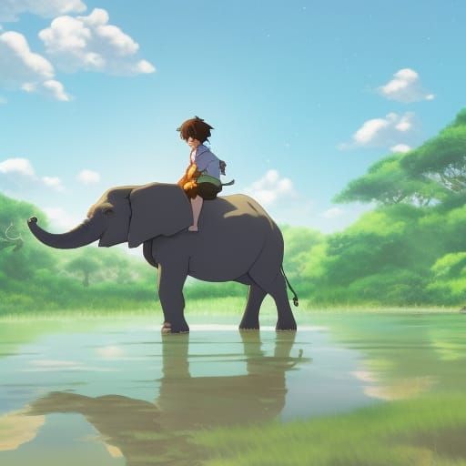 Boy Rides Elephant in Forest: Studio Ghibli Style