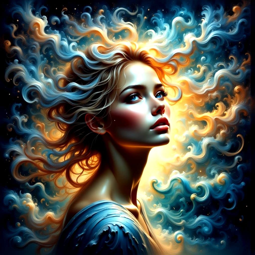 Fantasy Art of a Golden-Haired Girl Gazing at the Moon from ...