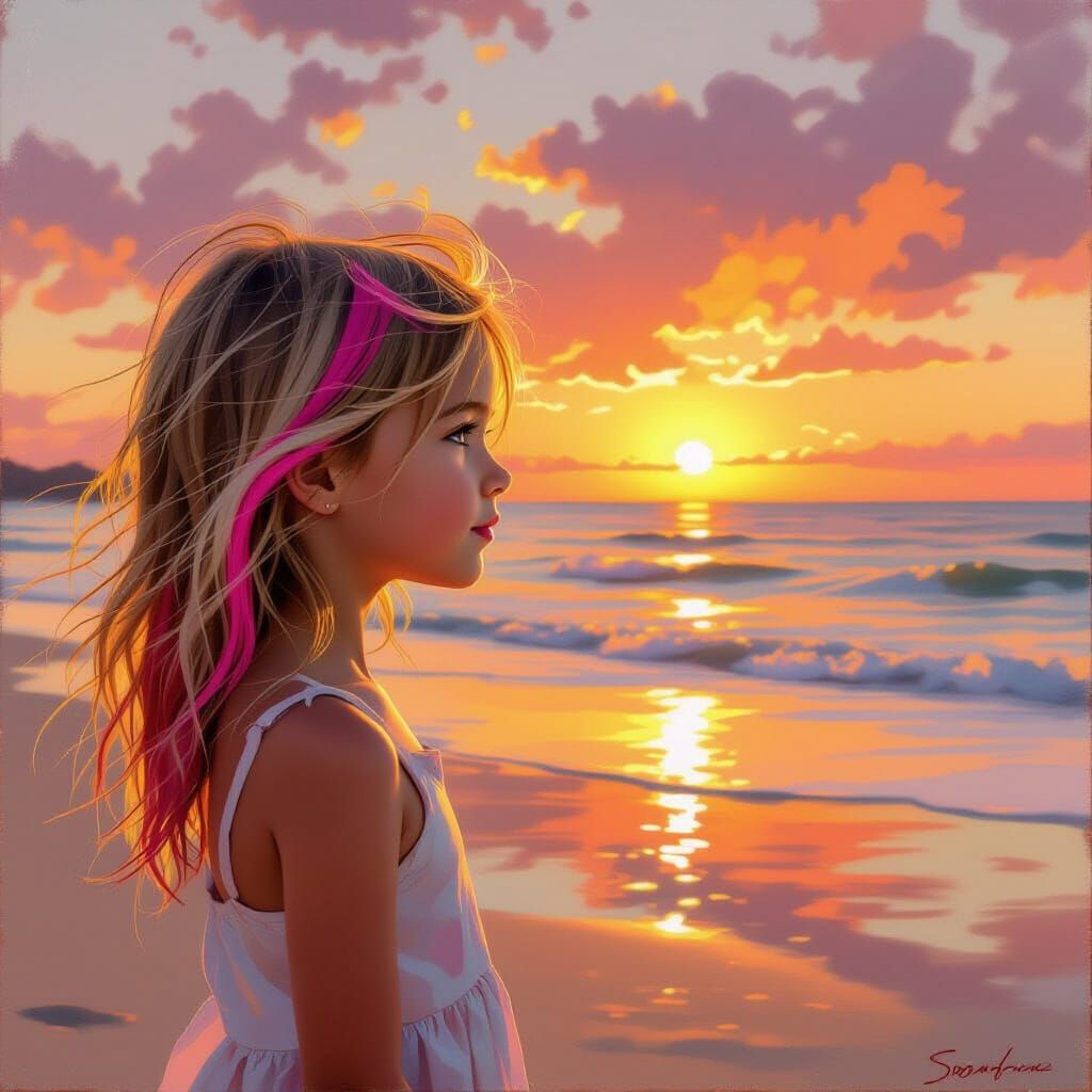 Girl Gazes at Sunset Beach in Painterly Style