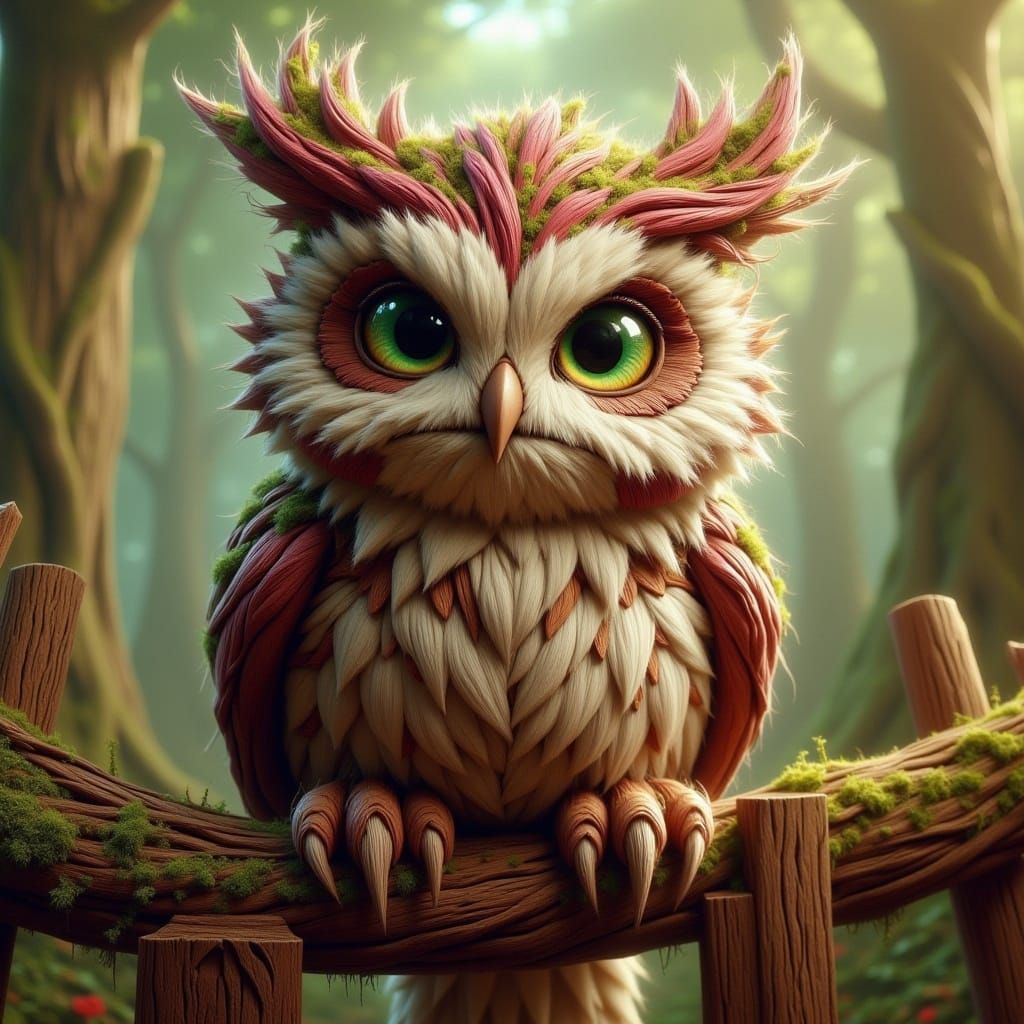Cute Colorful Fluffy Owl on a Fence