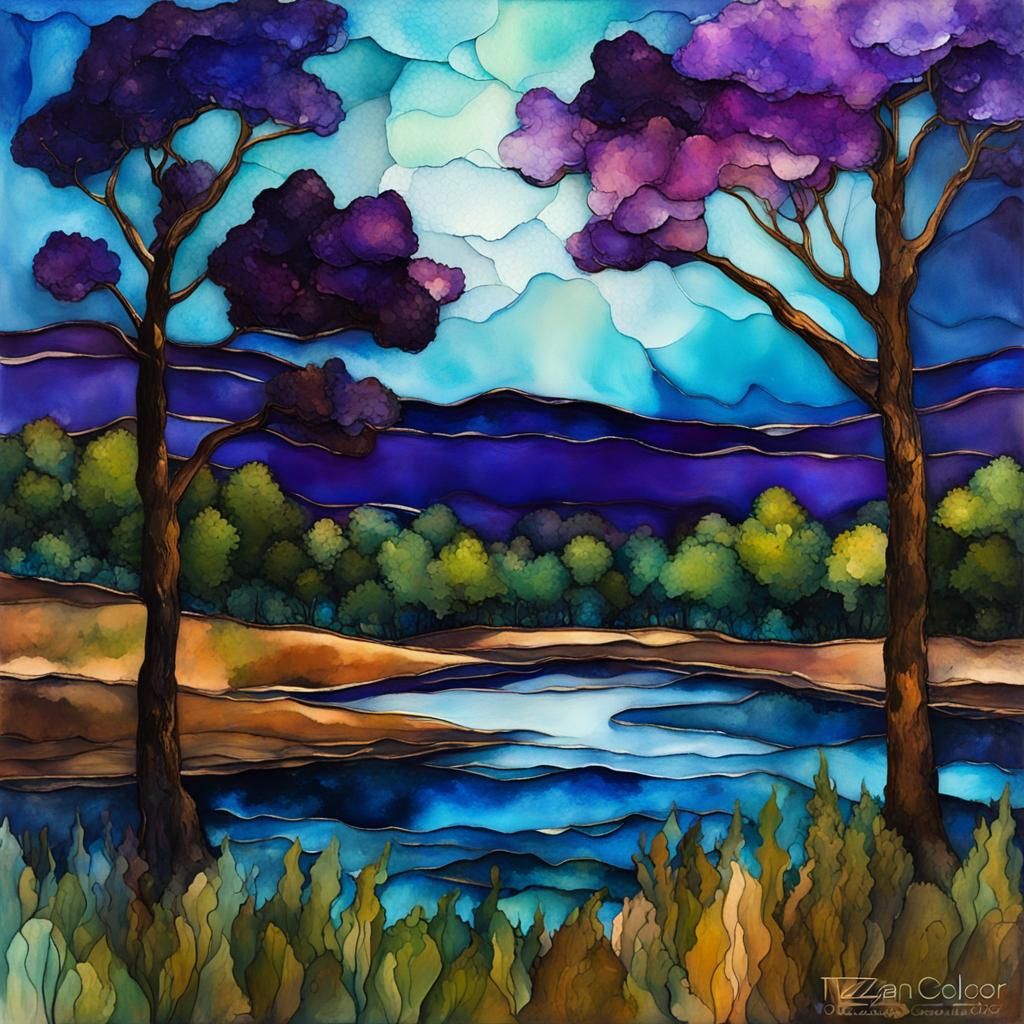 Neo-Impressionist Forest at Twilight in Alcohol Ink