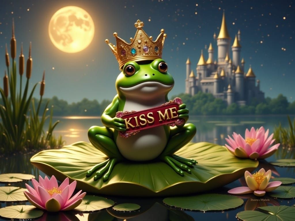 Pixar Frog Prince with Sign in Fairy Tale Pond