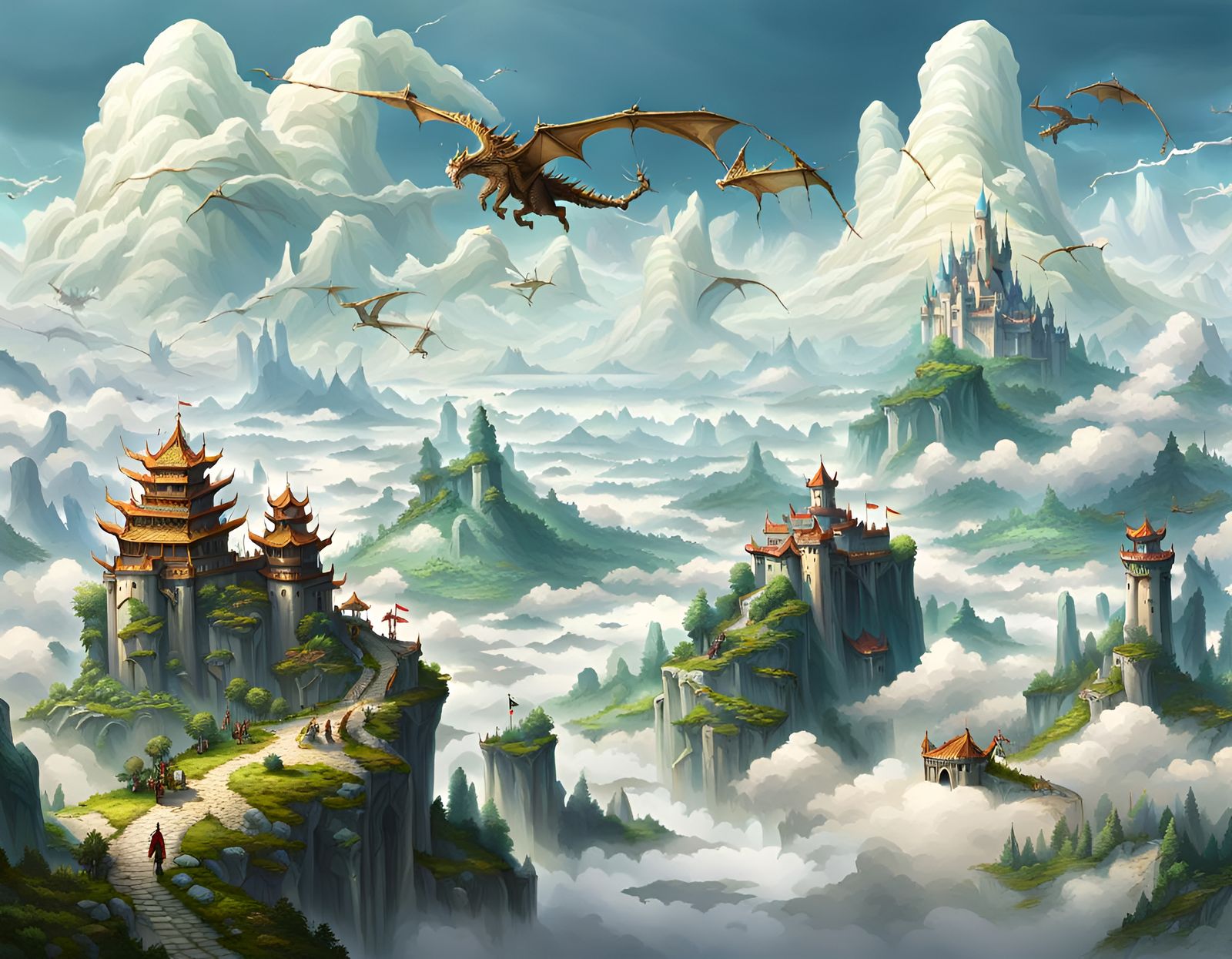 Dragons Flying Over Cloud Castles in Sky Country