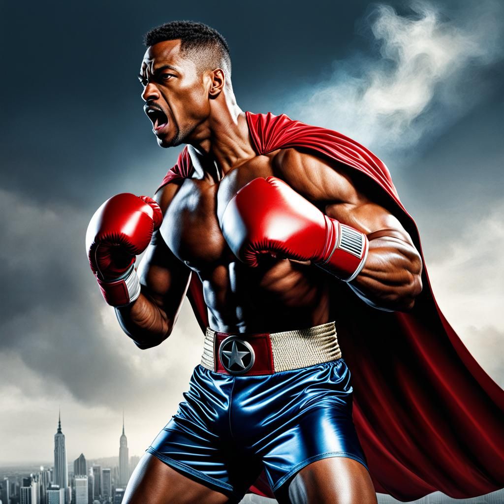 Flying Superhero Boxer in Hyperrealistic Splash Art