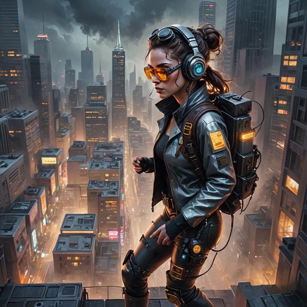 Cyberpunk Woman Steps into San Francisco: Digital Impasto