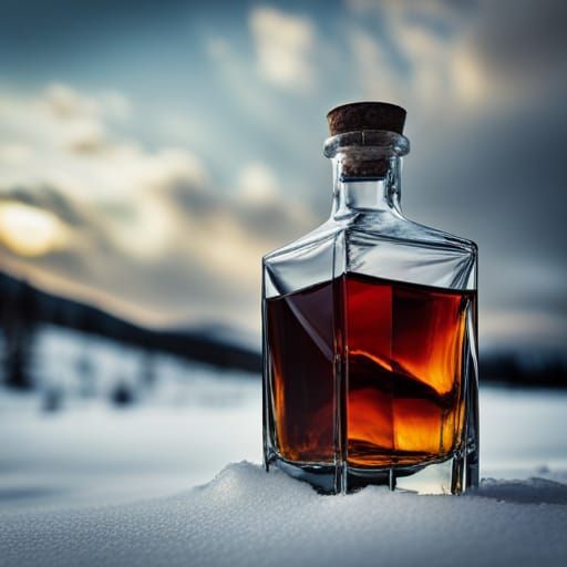 Whiskey Bottle Portrait with Snowy Mountain