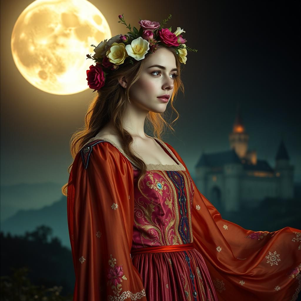 Moonlit Woman in Medieval Dress Cinematic Still