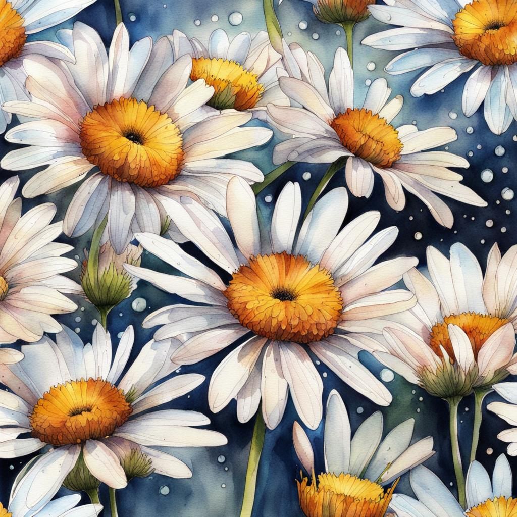 Vibrant Daisies in Whimsical Ink and Watercolor Style