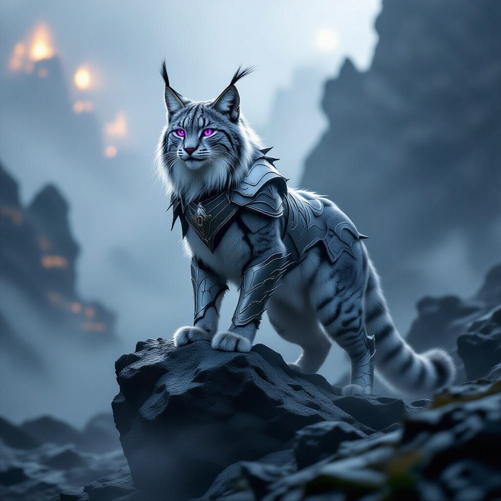Silver-Armored Lynx Prowls Mystical Landscape