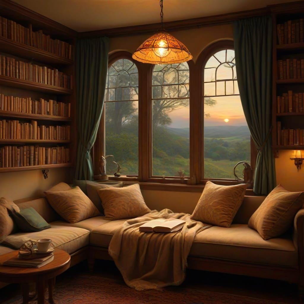 Cozy Reading Nook with Tiffany Lamp and Antique Books