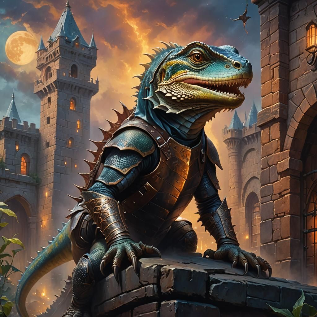 Lizard's Night Escape from Ancient Prison as Oil Painting
