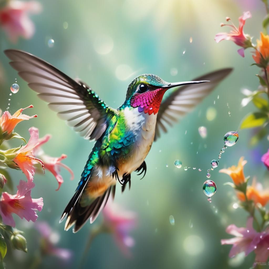 Hummingbird in Sunlight: Pastel Surrealist Macro Art
